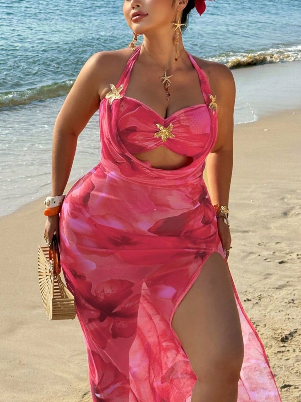 Pink Boho Women's Sexy Backless Mesh Tropical Floral Print Maxi Dress - Picture 4 of 8